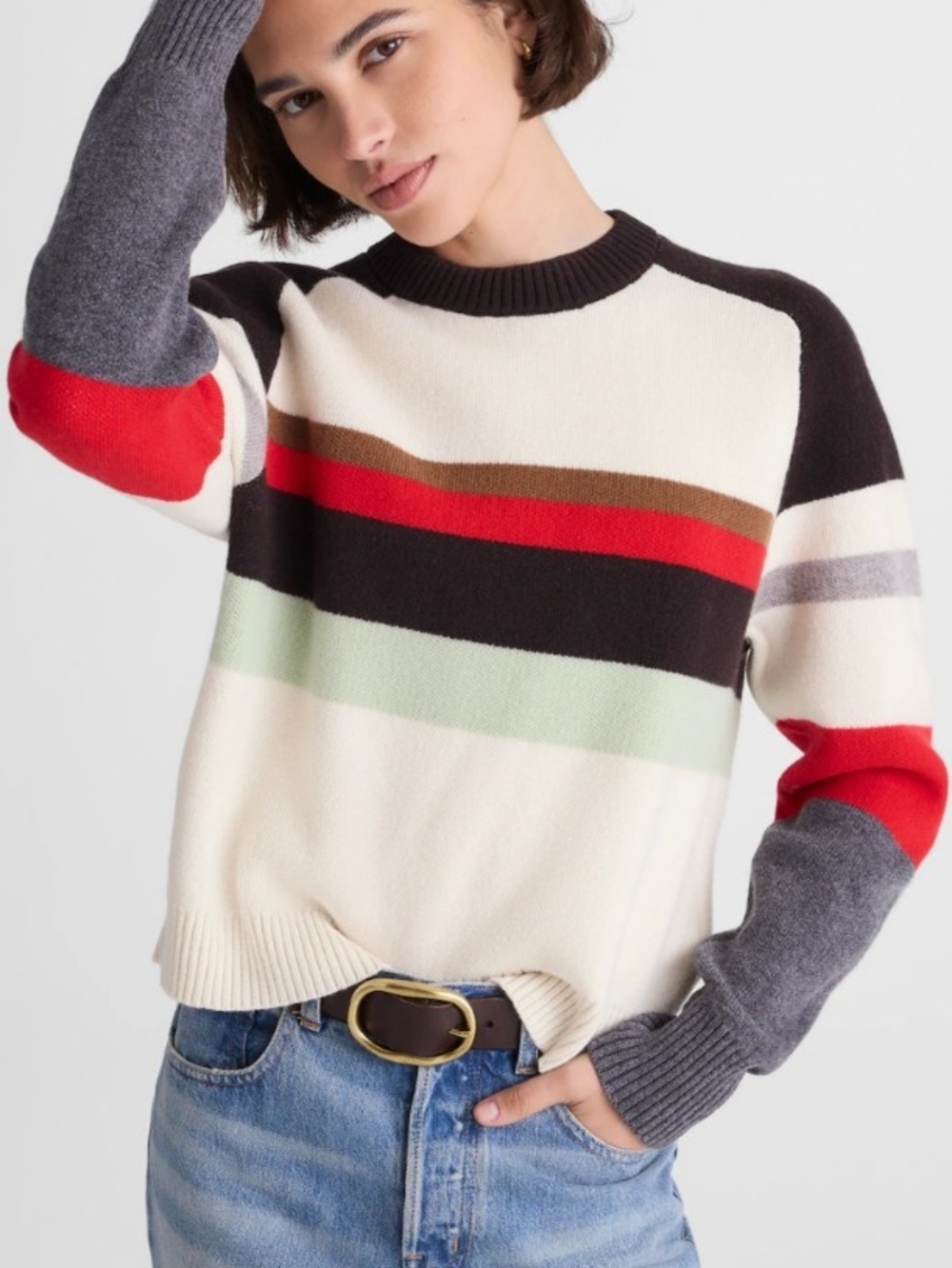 Madewell Cream Crewneck Sweater with Multicolor Stripes